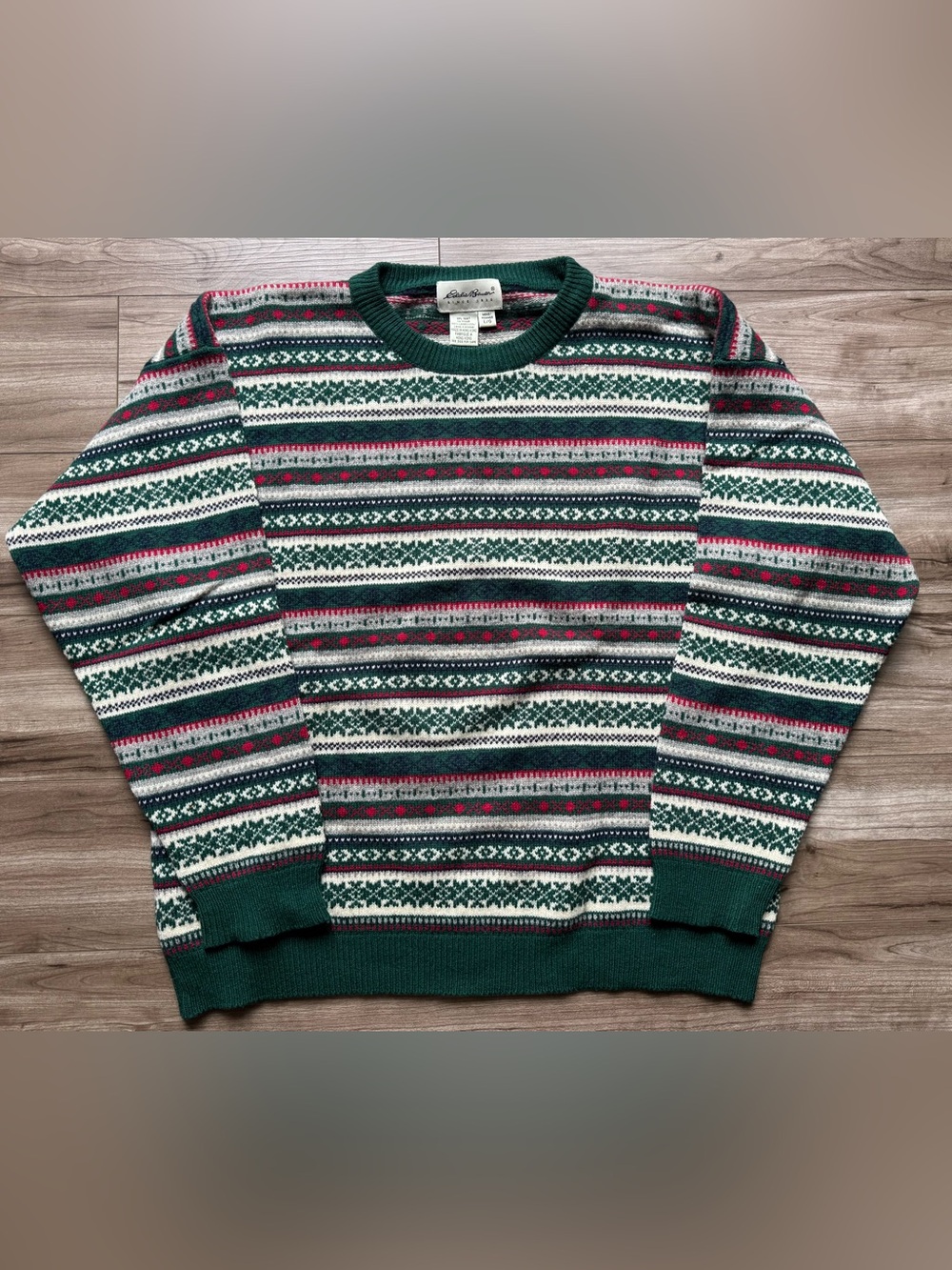 Eddie Bauer Fair Isle Crewneck Lambswool Sweater Size Large Nordic pattern green - Picture 1 of 8